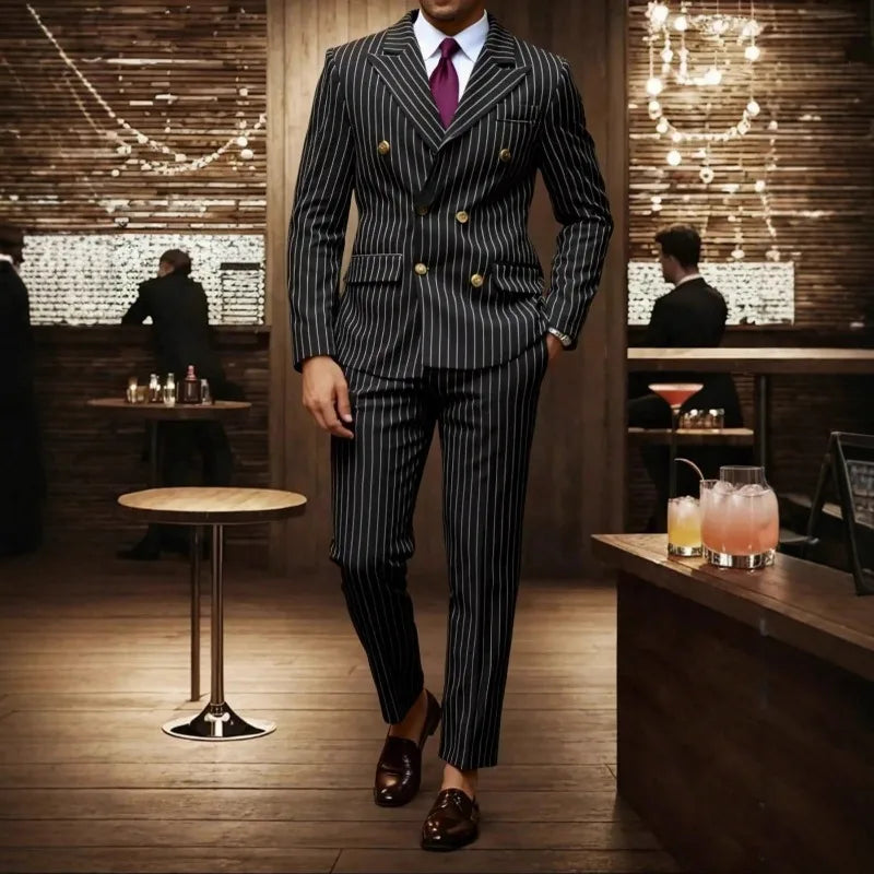 KIDWHXR Herren 2-teiliges Set Doppelreihiger Langarm-Blazer Gerade Geschnittene Hose Gestreifter Business-Hochzeits-Party-Anzug