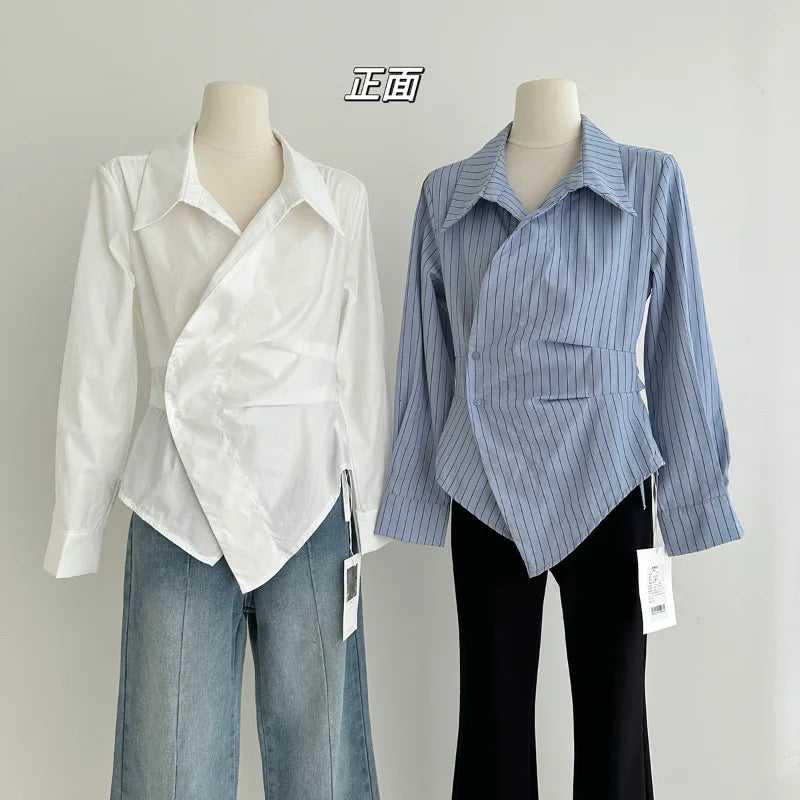 2025 frauen Vintage Unregelmäßige Weiße Blusen Damen Elegante Gestreifte Shirts Koreanische Langarm Chic Tasten Schlank Design Tops Neue