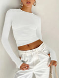 Modisches Damen-T-Shirt mit langen Ärmeln, Rundhalsausschnitt, solides Slim-Fit-Damen-Crop-Top mit Daumenlöchern für den täglichen Streetwear-Sommer-Camis