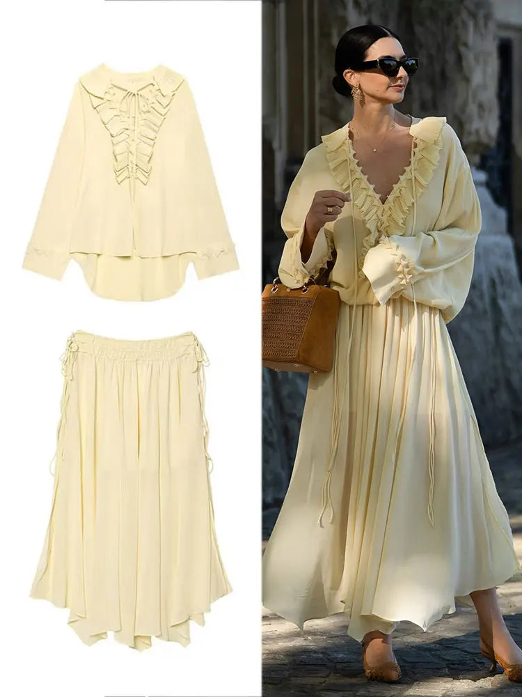 HH Frauen Rüschen Spitze-up Bluse Rock Set Langarm V-ausschnitt Hemd Plissee Midi Rock Mode Dame High Street gelb Outfit