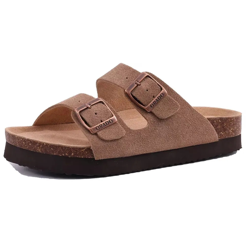 Crestar Damen-Hausschuhe mit Korkfußbett, Sommer-Paar, verstellbare Doppelschnallen, flache Sandalen, Outdoor-Kork-Strandrutschen mit offener Spitze