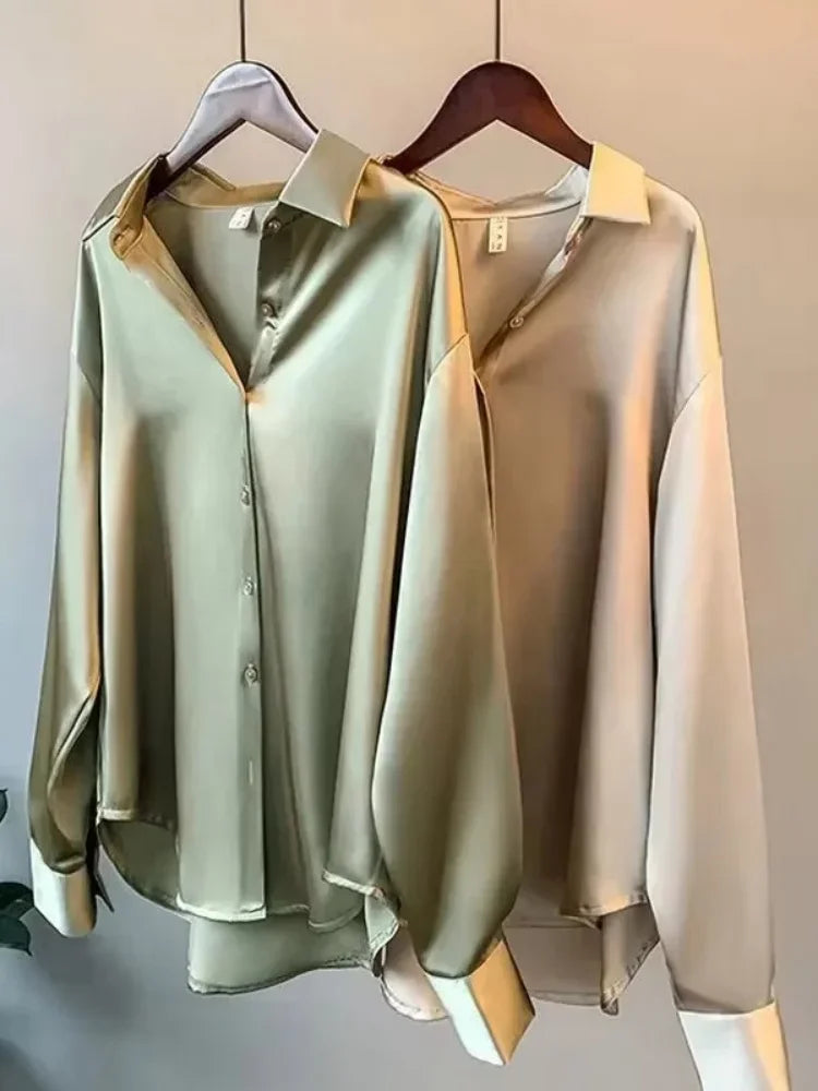 2026 Frühling Vintage Lässige Seidenblusen mit Knöpfen Elegante Satin-Oberteile Lockere Damenbluse mit Umlegekragen