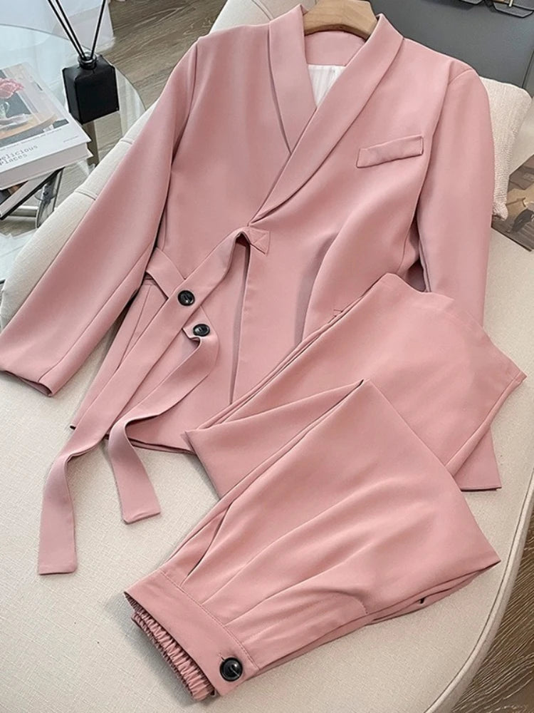 Frühling Herbst Damen Blazer-Hosen-Sets Mode Büro-Damen Lässige Weite Hosen Anzug-Set Damen Zweiteiler Damen-Outfits