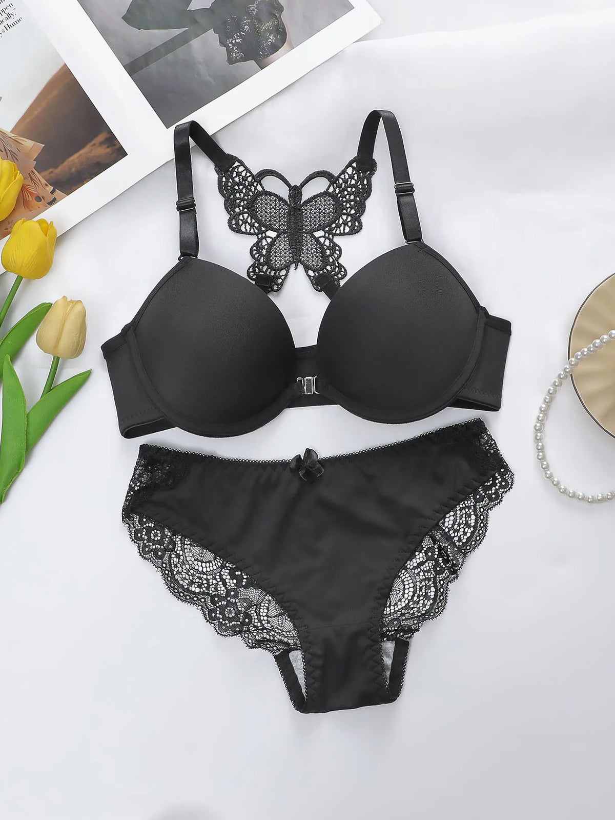 Sexy Spitzen-Set für Damen mit Schmetterlings-Design auf der Rückseite und BH mit Vorderverschluss und Stahlring, hübsches Unterwäsche-Höschen A2120