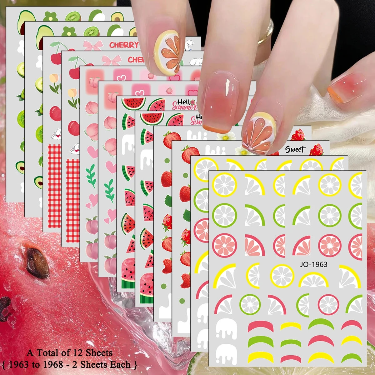 3 bis 12 Blatt 3D-Frucht-Nagelaufkleber Zitrusfrüchte Erdbeere Wassermelone Kirsche Avocado Abziehbilder Selbstklebende Sommer-French-Nagelkunst