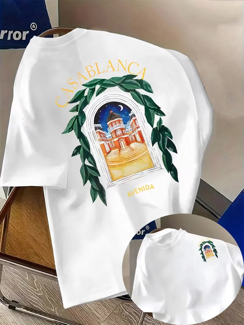 Casablanca Aesthetic Y2K Architectural Graphic Unisex Casual Rundhals Kurzarm Sommer Neutral Streetwear Y2K Kleidung ﻿