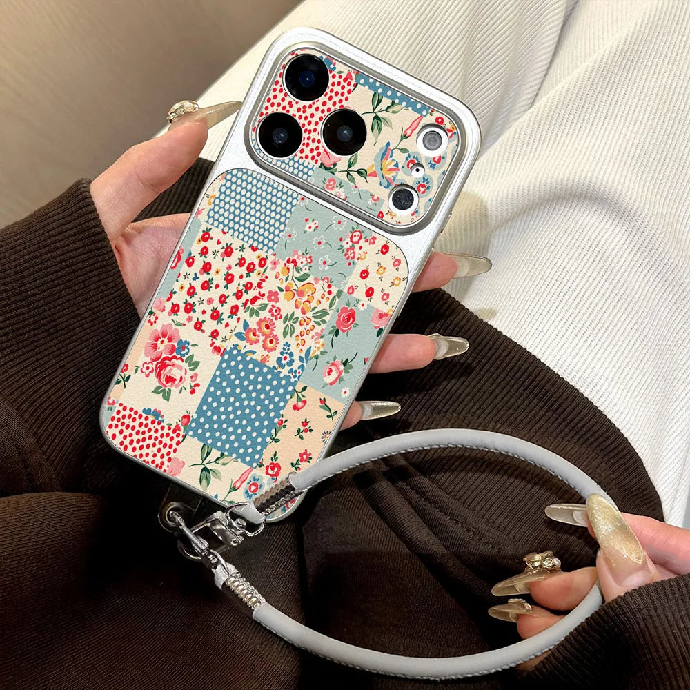 Blumen-Großfenster-Handyhülle für iPhone 17 Pro Max 15 14 11 13 16 12 mit Lanyard, stoßfeste Leder-Schutzhülle