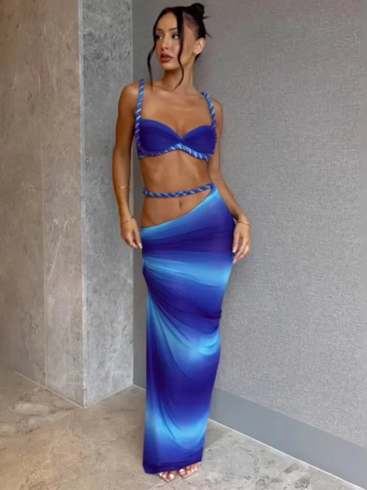 Weird Puss Bandage gerafftes 2-teiliges Set Damen-BH mit quadratischem Kragen + dünne lange Röcke 2025, Sommerurlaub, Strandparty, Trendanzüge