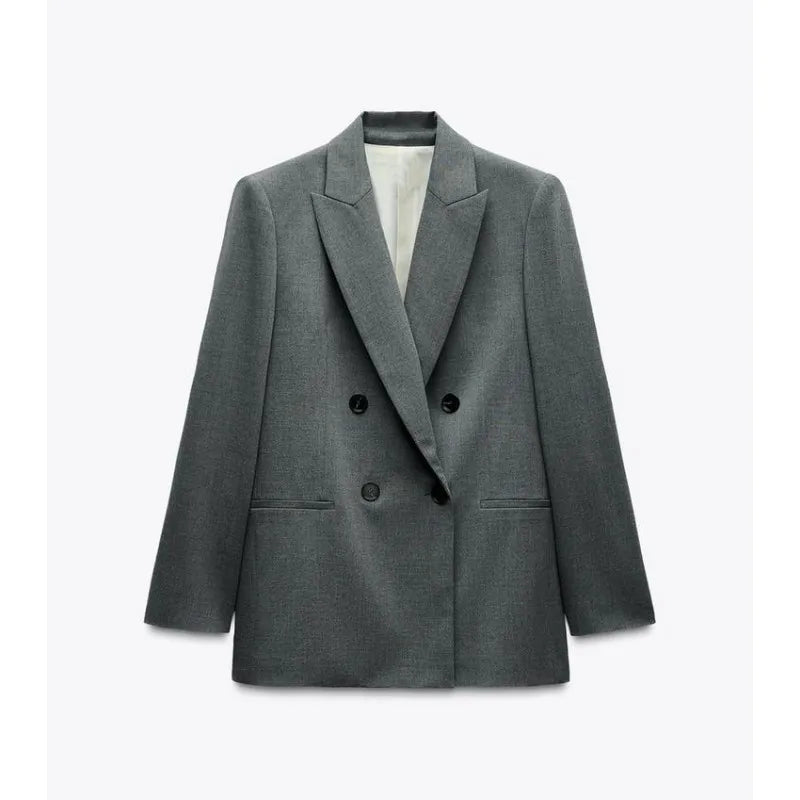 ETJ 2025 Frühjahrsneues Anzugset für Damen mit schultergepolstertem Zweireiher-Blazer und hoch taillierter, plissierter Hose mit weitem Bein