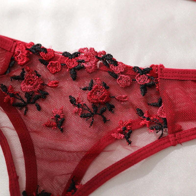Weinrote transparente Dessous Stickerei Blümchen zweiteilige Frau Push-Up lüften Unterwäsche G-String Sexy BH Set erotisches Kostüm