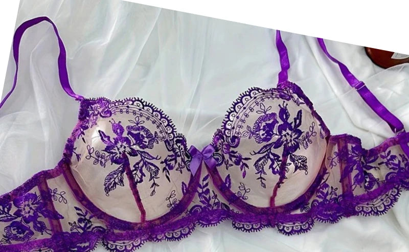 Spitzen-Stickerei-BH-Set mit ultradünnen Cups, transparente Mesh-Nachtwäsche für Frauen mit großer Oberweite, S-XL, Push-up, 32-38