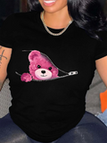 T-Shirt mit Teddybär-Grafikdruck, kurzärmliges, lässiges Oberteil mit Rundhalsausschnitt für Sommer und Frühling, Damenbekleidung