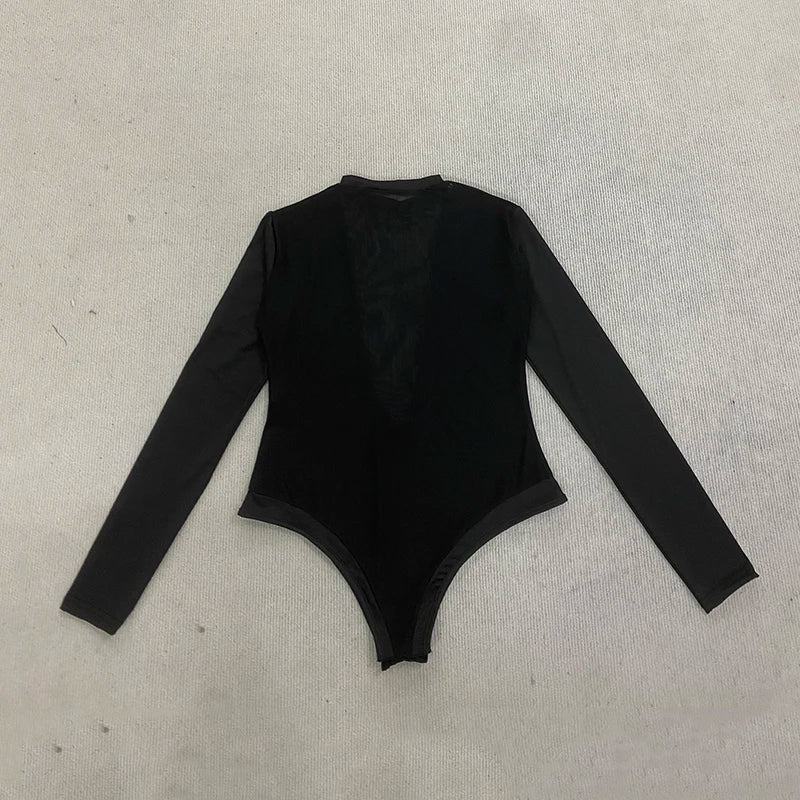 Damen Sexy Tiefer V-Ausschnitt Langarm Mesh Patchwork Jumpsuit Lässige Frühling Sommer Mode Kleidung