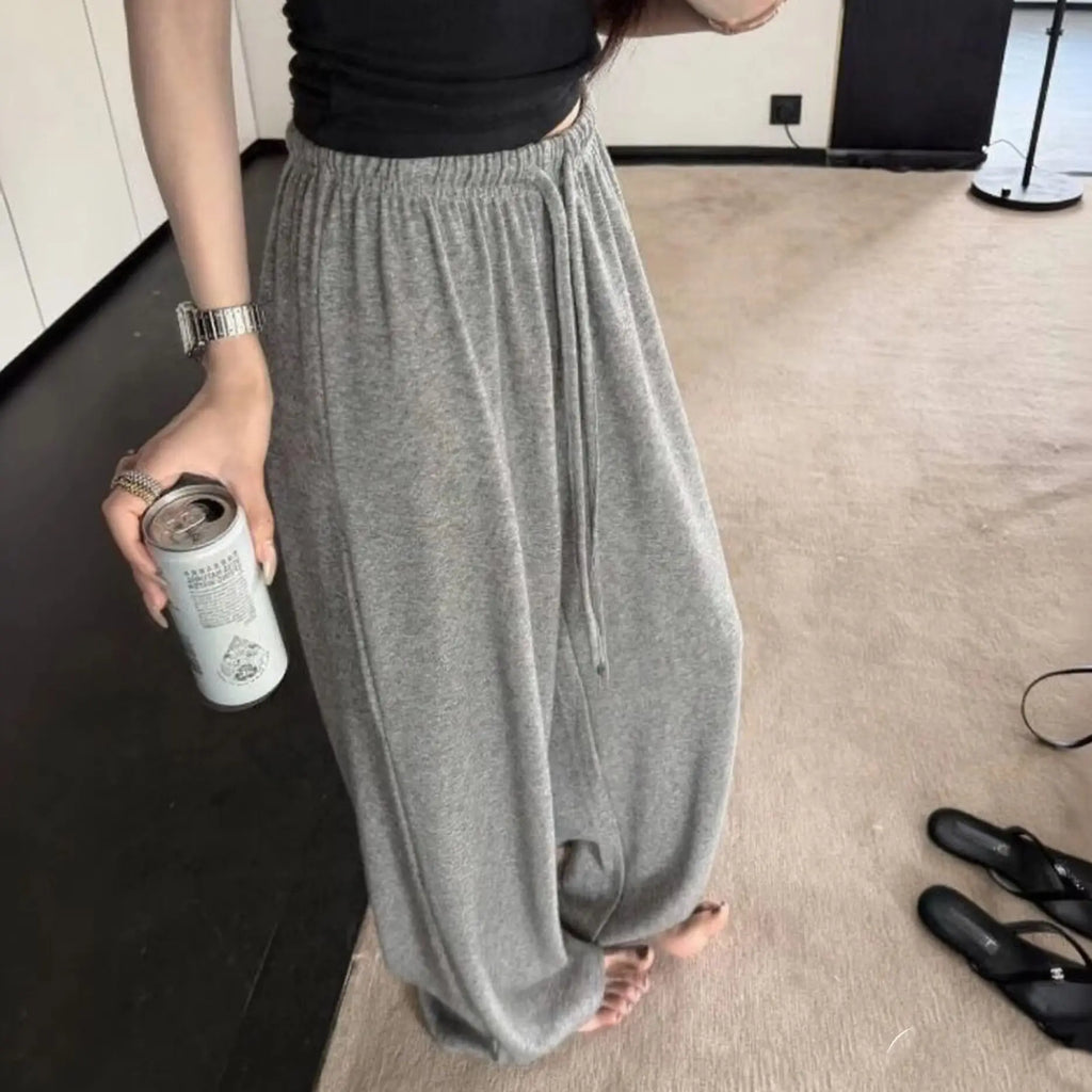 Damen Casual Weite Hose Einfarbig Modisch Elastischer Bund Kordelzug Jogginghose Amerikanische Sweatpants Street Koreanische Hose