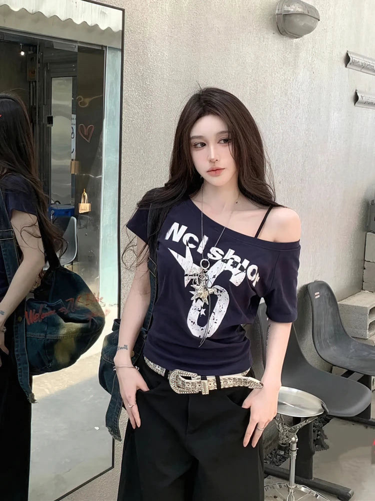 Y2k Sport Sommer Off schulter Top Frauen Sexy Vintage 2000s kurzarm T shirt Dame Körper Grundlegende Crop Top weibliche Casual