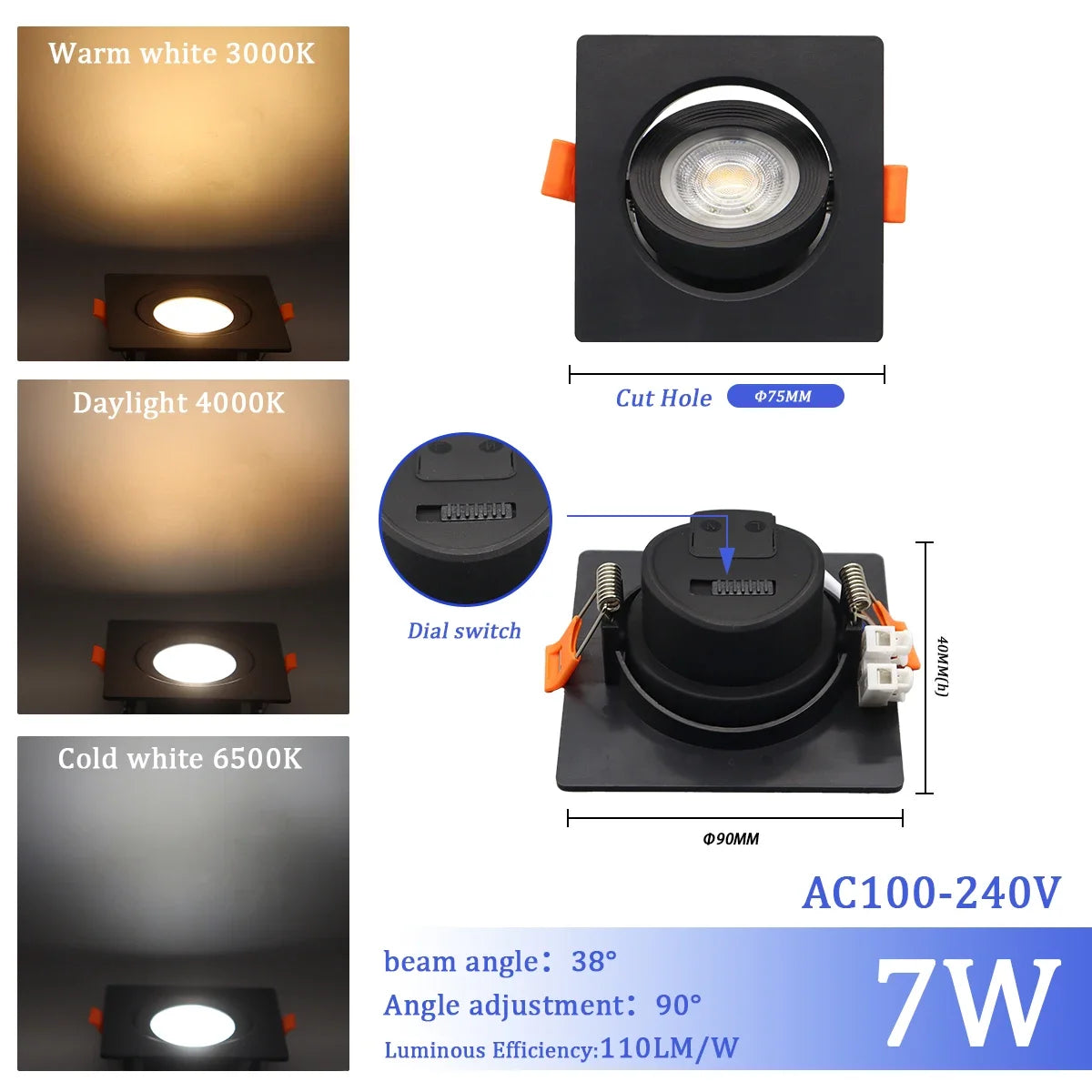 1-10 Stück 7W 3 CCT LED Farbwechsel 3000K 4000K 6000K LED-Deckenstrahler Einbauleuchte AC 110V 220V Einstellbar 90° °   Beleuchtungsspot