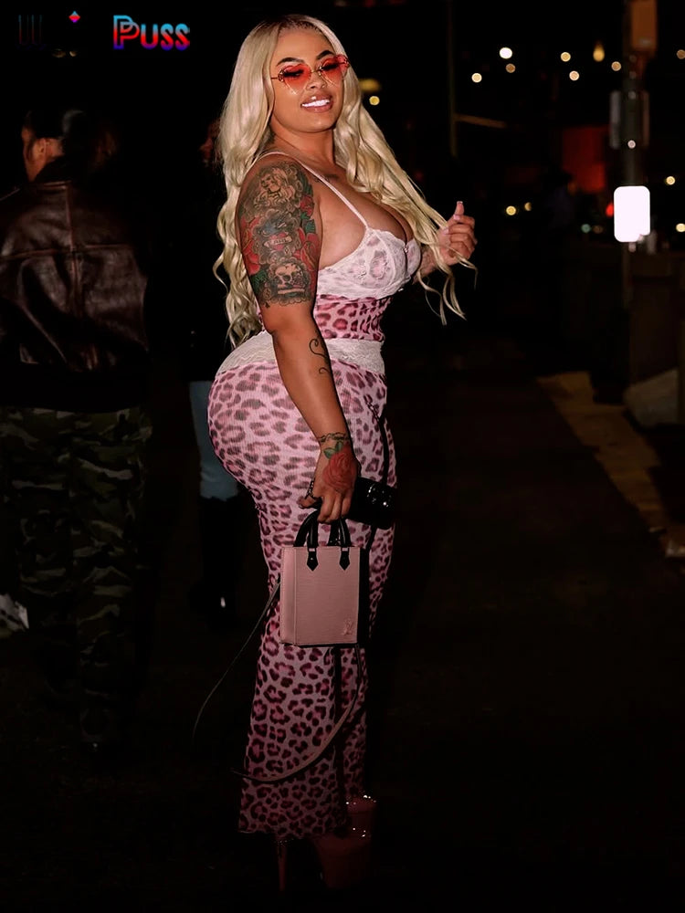 Seltsame Puss Mesh Patchwork 2-teiliges Set Frauen Sexy Dekolleté Ärmel Crop Tops + Leopardenmuster Dünne Hosen Straße wilde Trend Anzug