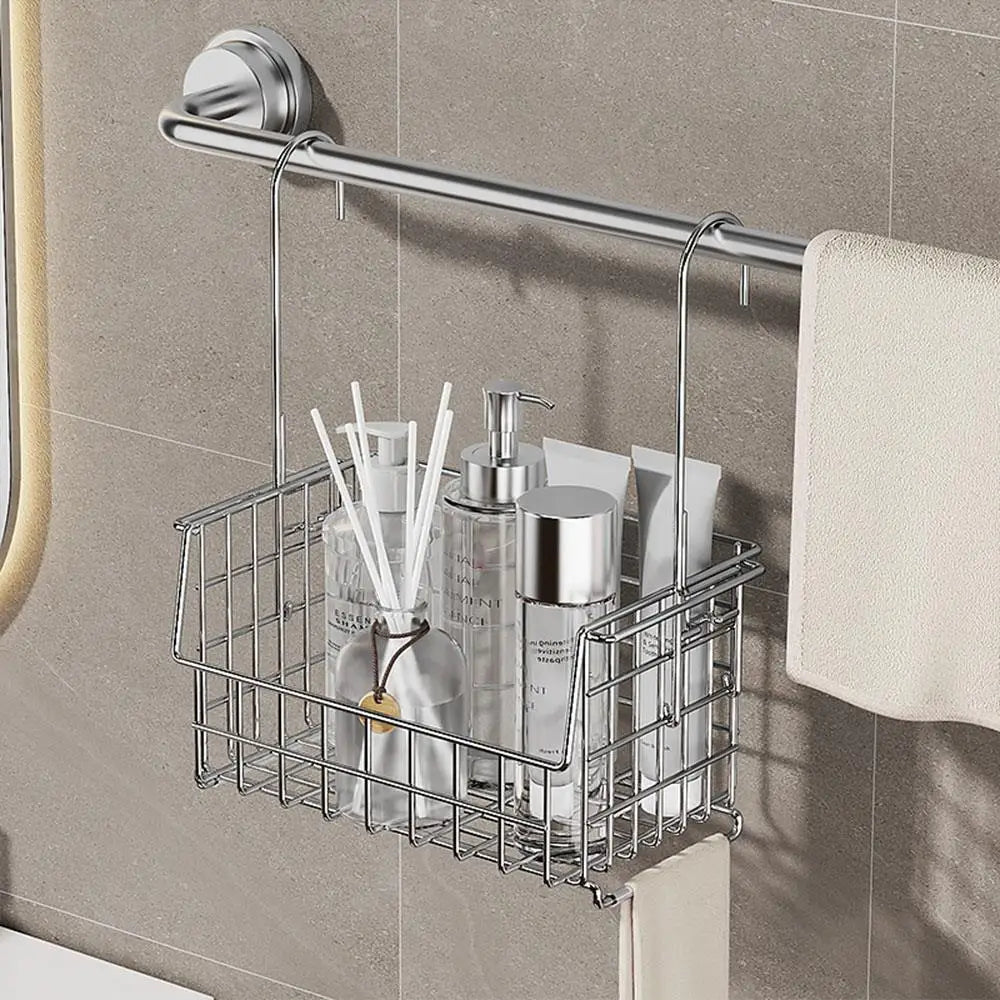 Badezimmerregal aus Edelstahl, ohne Bohren, Duschhalter, Hänge-Organizer, Hochschiene, Duschregal, Duschkorb mit Haken