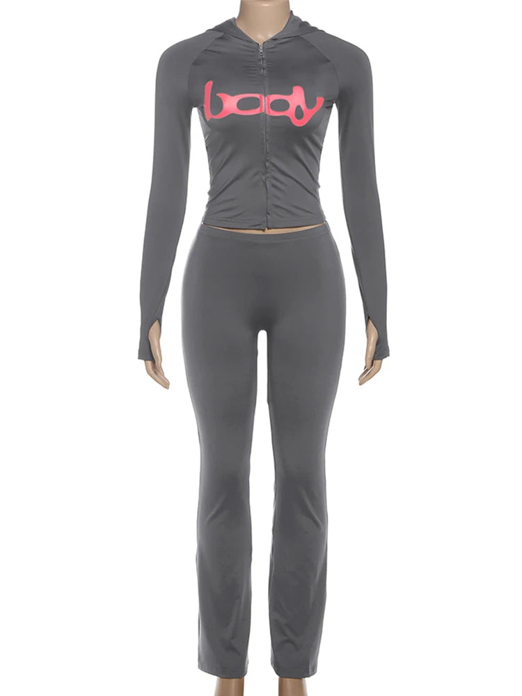 kliou Casual Herbst Frauen 2-teiliges Set Täglich Passenden Outfits Sportliche Brief Drucken Zip-up Mantel + Dünne Feste Hosen mujer Trainingsanzüge