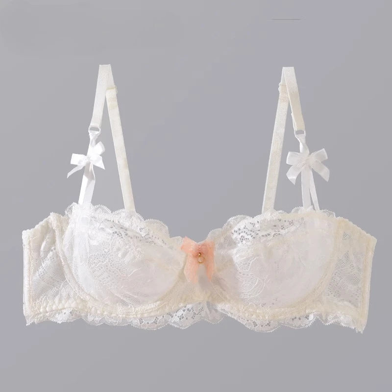 MOYISU Sommer-Dessous-Set, transparente französische Spitze, Minimiser-BH, Slip, ultradünn, sexy Damenunterwäsche, große Brust, sexy, zerknitter und Höschen