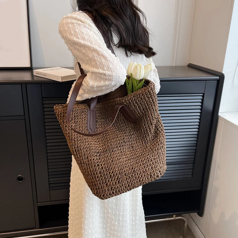 Frauen Umhängetasche Böhmischen Stroh Handtasche Sommer Strand Gewebte Unterarm Tasche Große Casual Gestrickte Tasche Häkeln Einkaufstasche