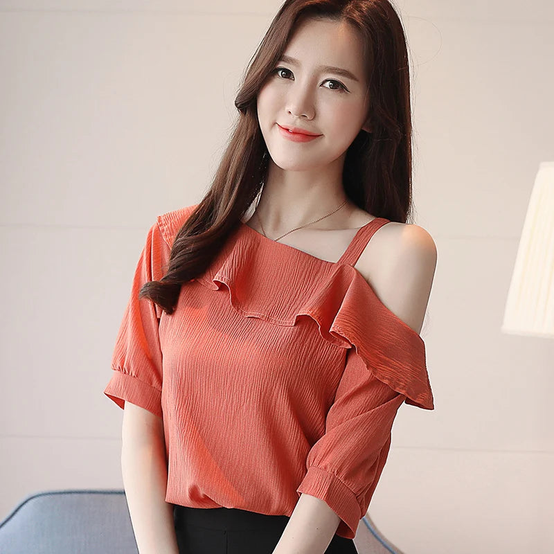 Damen-Oberteil, One-Shoulder-Bluse mit Rüschen, Kurzarm-Chiffonbluse