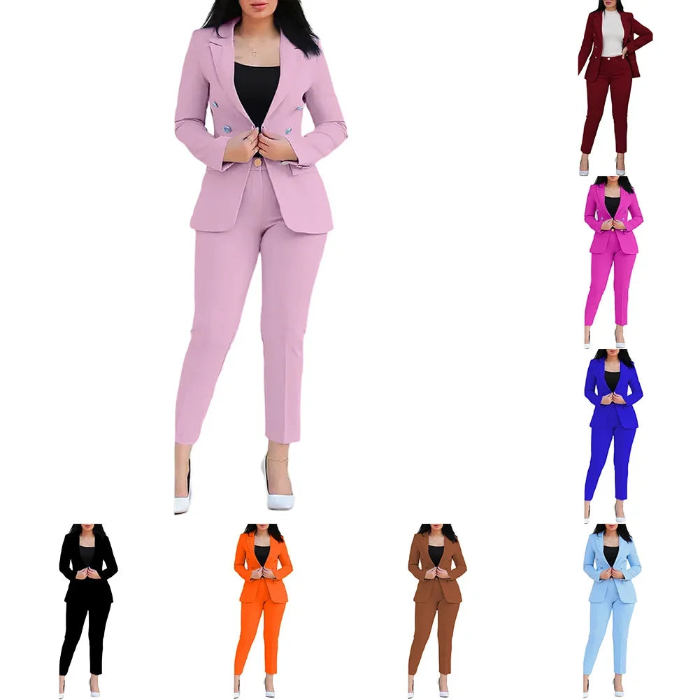 2-teiliges Set für Damen, Freizeitanzug, neuer Zustand, Polyesterstoff, normale Länge, einfarbig, modischer Business-Look