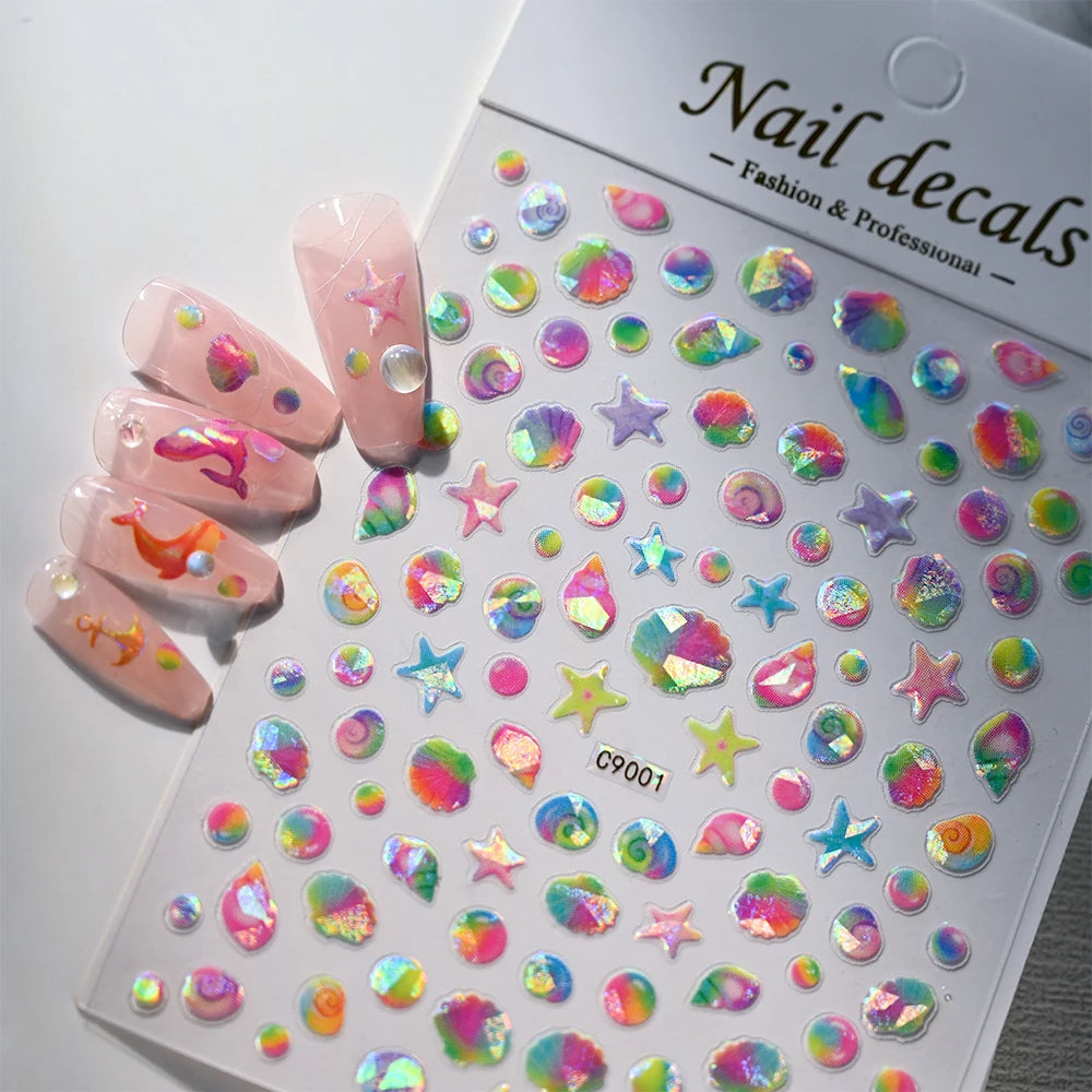1 Stück 5D Traumhafte Bunte Blasen-Nagelaufkleber Aurora Muschel Blasen Stern Nagelkunst Abziehbilder Selbstklebende Sommer Ozean Nageldekorationen
