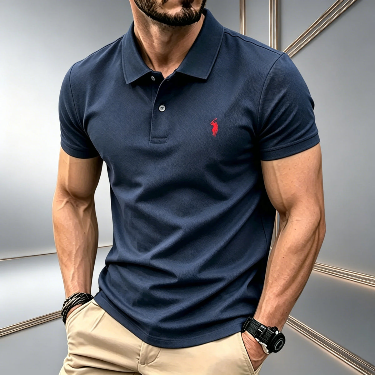 Herren Einfarbiges Poloshirt Regular Fit Business Casual Kurzarm-Oberteil mit Kleiner Pferde-Stickerei auf der Brust