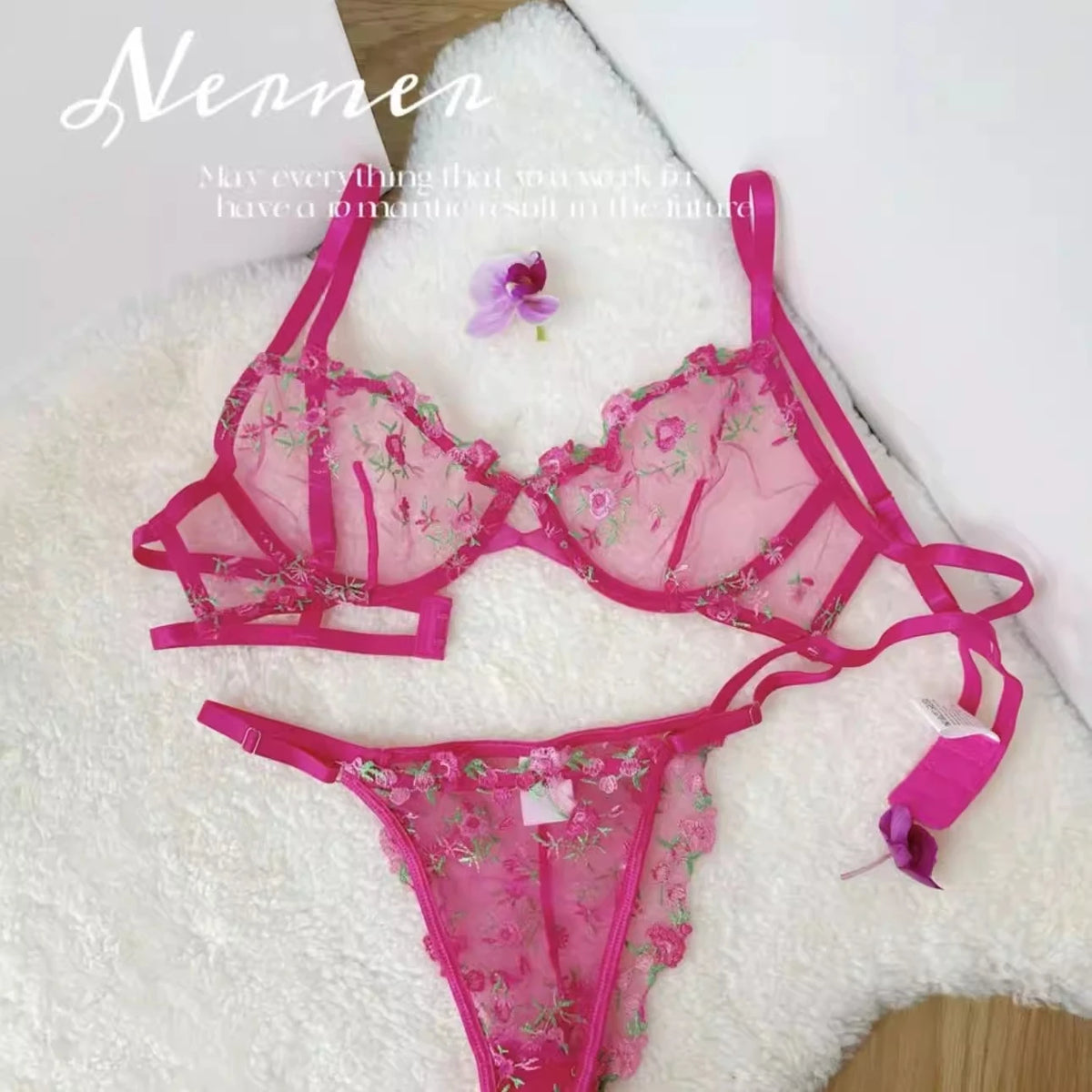 Französisches Blumen-BH-Set für Damen |   Süßes sexy transparentes Mesh-Spitze-Set, transparentes Unterwäsche-Set |   Praktisches und feminines MOYISU Sexy Höschen-Set