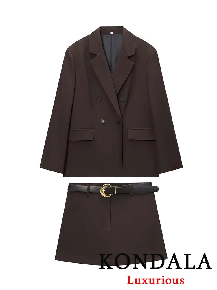 KONDALA Bürodame, schokoladenbraun, Damenanzüge, V-Ausschnitt, Doppelknopf, Blazer, Gürtel, Mini-Shorts, Rock, Mode, 2025, Vintage-Sets
