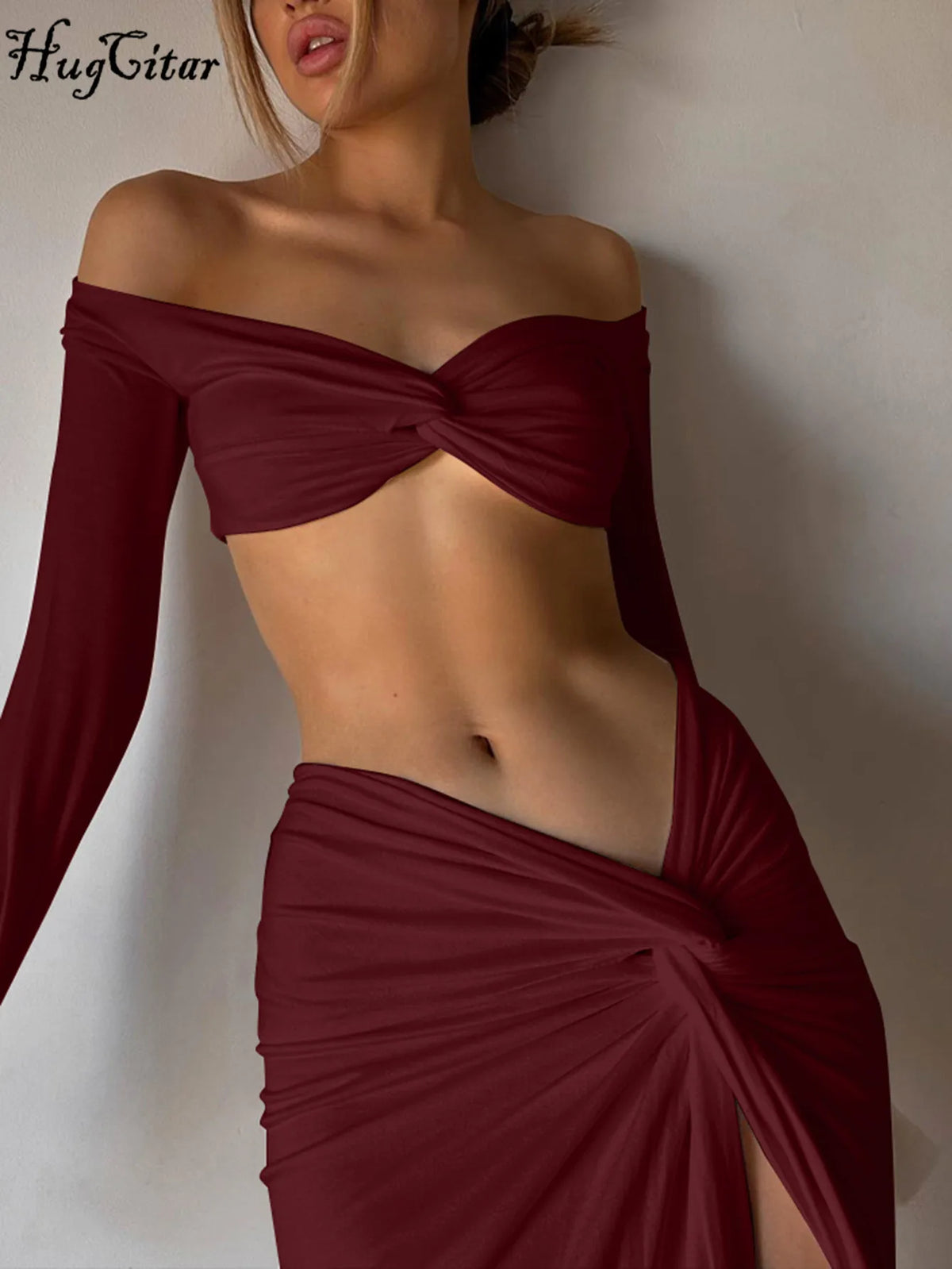 Hugcitar 2025 Elegante 2-teilige Sets Weiß Langarm Geraffte Sexy Crop Top Schlitz Midi Rock Frühling Frauen Kleidung Party Urlaub