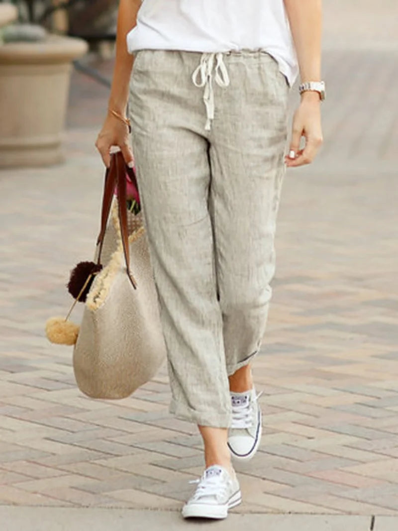 Elegante Feste Schlanke Hose Mode Frauen Kordelzug Abgeschnitten Elastische Taille Gerade Hosen Casual Büro Dame Kommunte Hosen