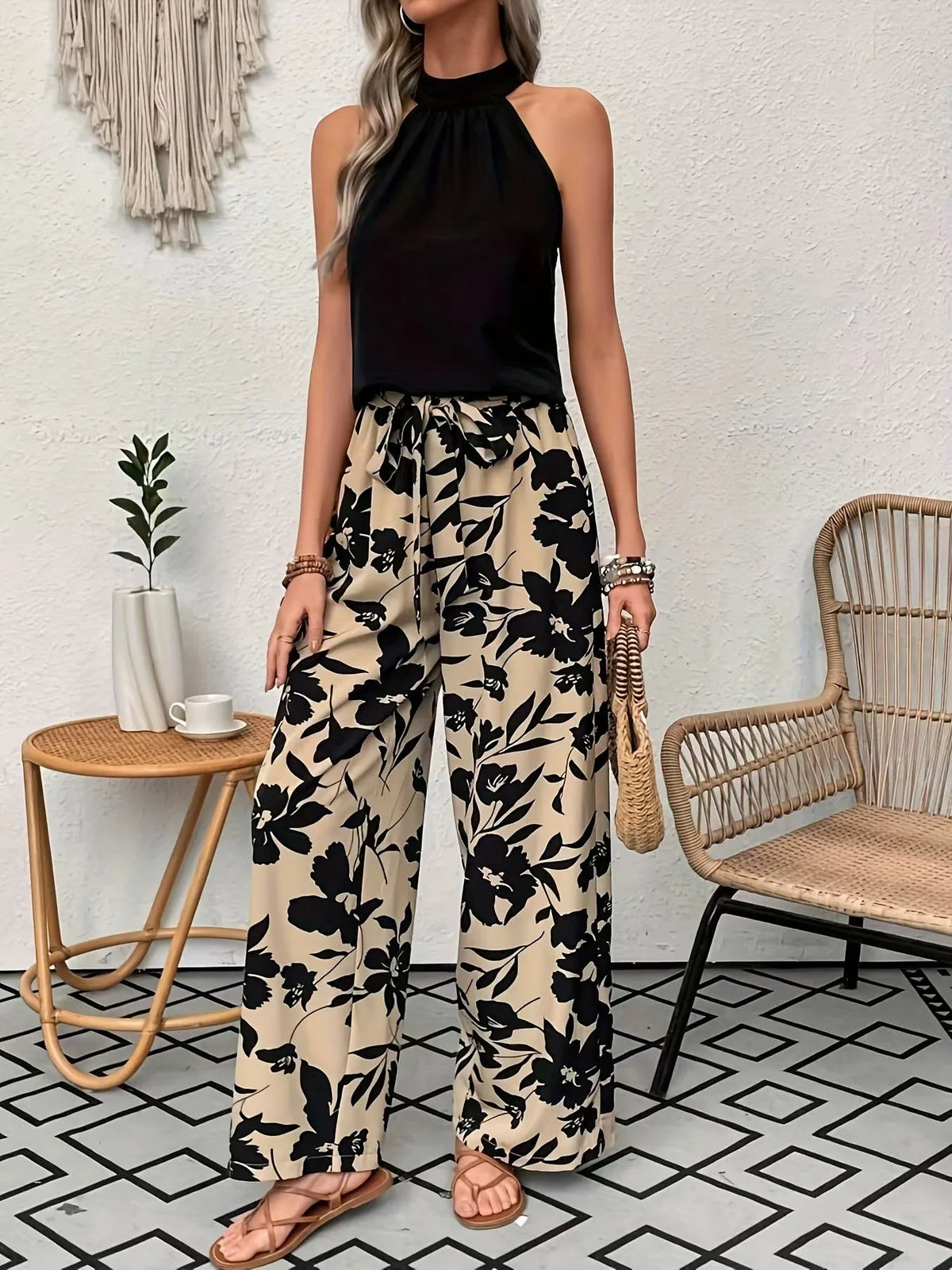 Damen-Hose mit großem Blumenmuster, weitem Bein, elastischem Kordelzug, hoher Taille, lockerer Passform, in voller Länge, lässige Sommer-Strand-Palazzo-Hose