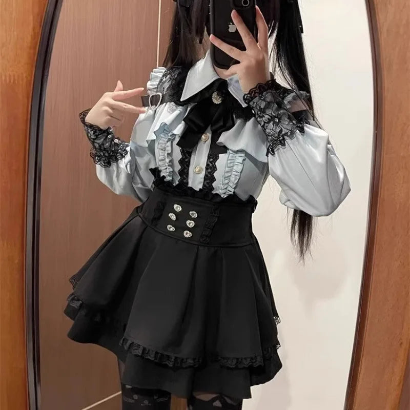 Damen-Lolita-Set, dunkles Femme-Mesh-Oberteil und Taillenrock, 2025, japanischer Herbst-Street-Style-Koord für Gothic-Baddie-Mode