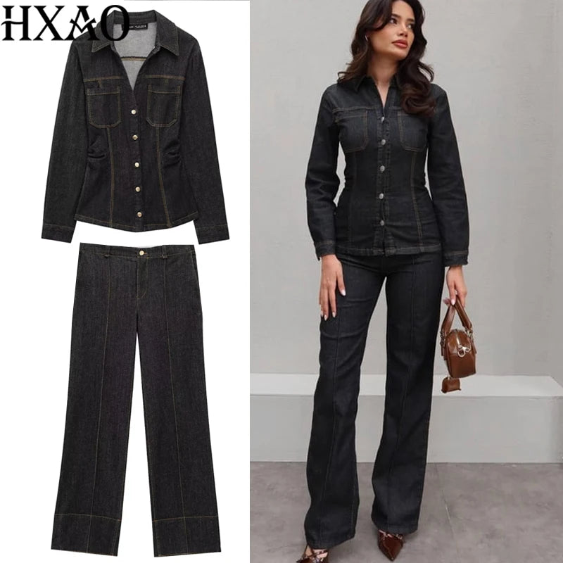 HXAO Neue Jeans-Hosen-Sets, enges Button-Up-Jeanshemd für Damen, 2-teiliges Set, Street-Style, ausgestellte Hose, zweiteiliges Set für Damen