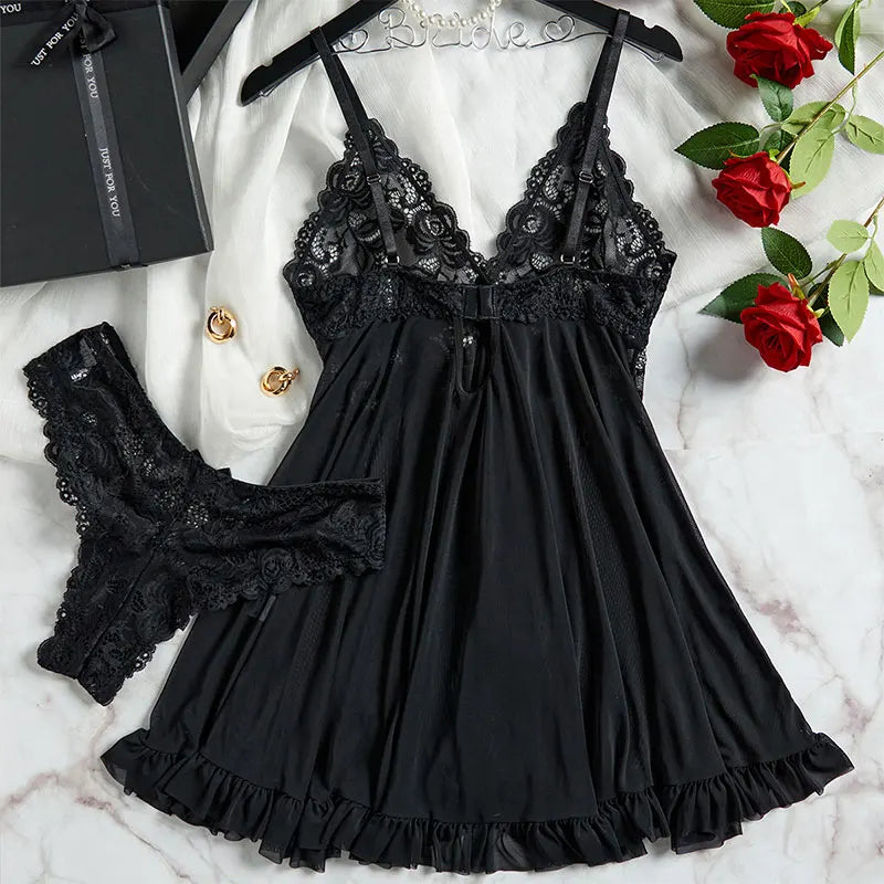 Schlinge Hause Tragen Sommer Ärmellose Voll Transparent Nachthemd Frauen Robe Nachthemd Plus Größe Pyjamas Panty Set Exquisite V-ausschnitt
