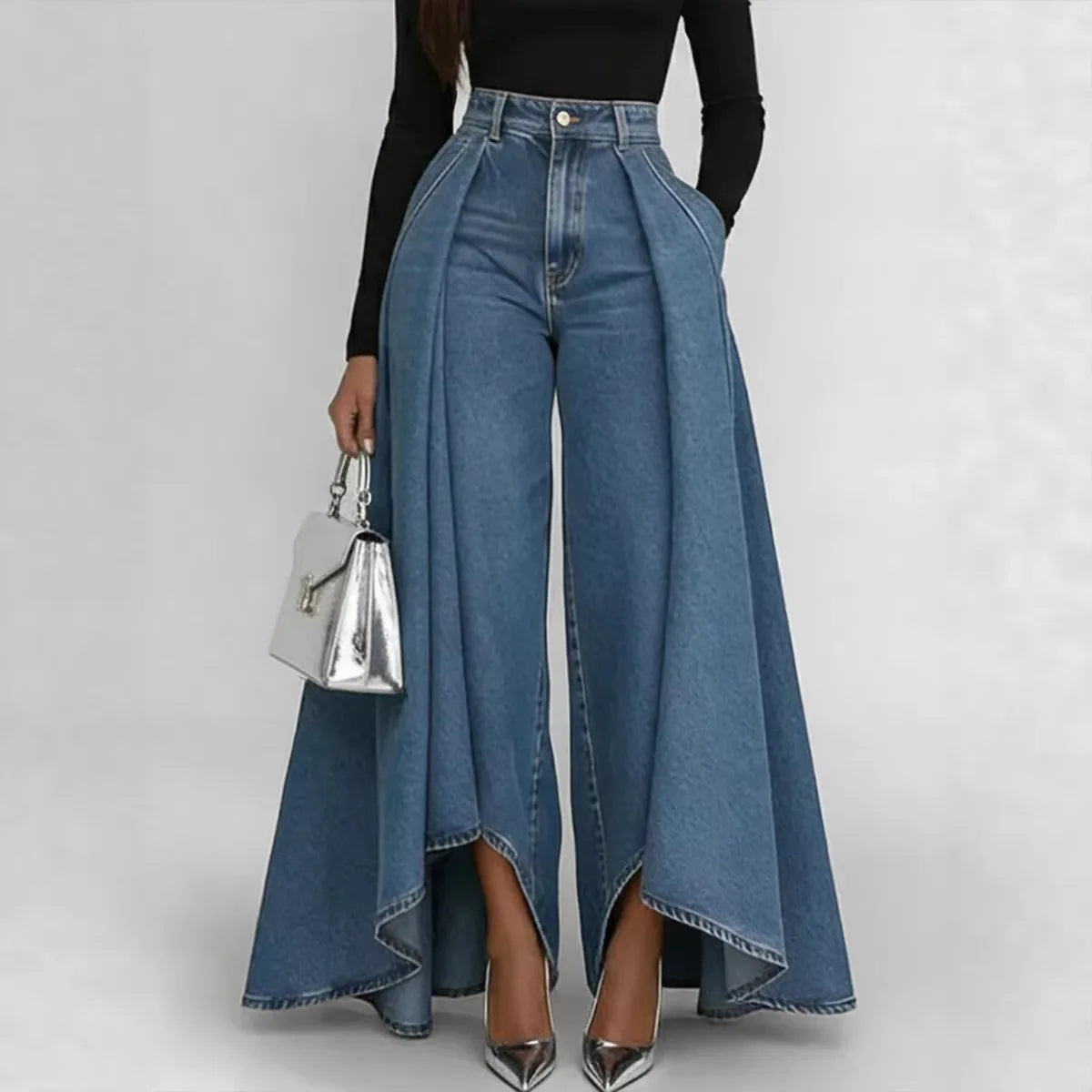Damen-Jeans mit hoher Taille und weitem Bein, Overlay-Flare-Denim-Hose mit Taschen für Damen, elegante, modische lange Jeans im High-Street-Stil