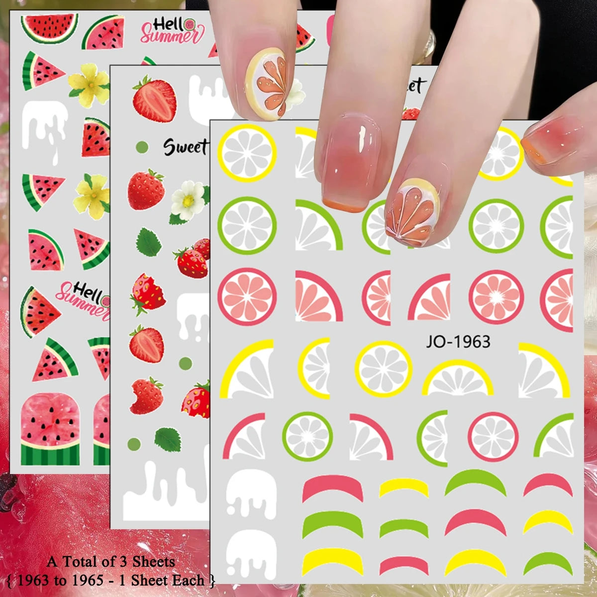 3 bis 12 Blatt 3D-Frucht-Nagelaufkleber Zitrusfrüchte Erdbeere Wassermelone Kirsche Avocado Abziehbilder Selbstklebende Sommer-French-Nagelkunst