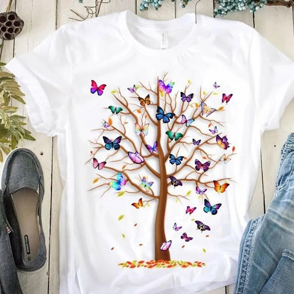 Harajuku-T-Shirt mit Schmetterlingsbaum-Aufdruck für Damen, Rundhals-Top, kurze Ärmel, lässiges Sommer-T-Shirt