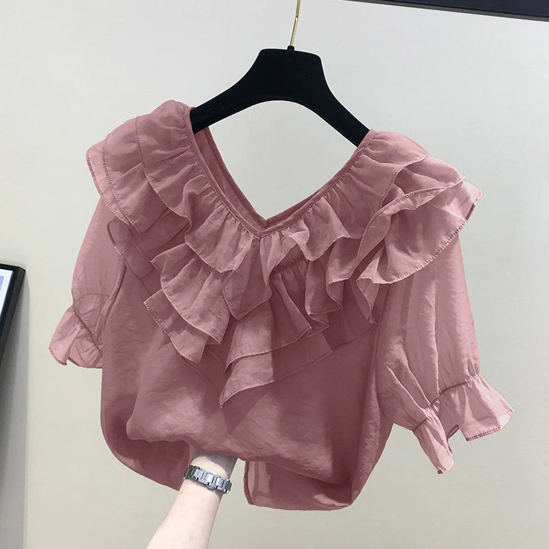 ZANZEA Frauen Feste Rüschen Bluse Vintage 3/4 Ärmel V-ausschnitt Chemise 2024 Sommer Büro Chiffon Shirts Casual Lose Nähte Tops