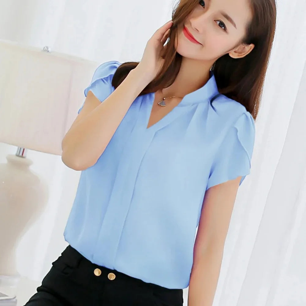 2024 frauen Hemd Chiffon Blusas Femininas Tops Kurzarm Elegante Damen Formale Büro Bluse Chiffon Hemd Kleidung