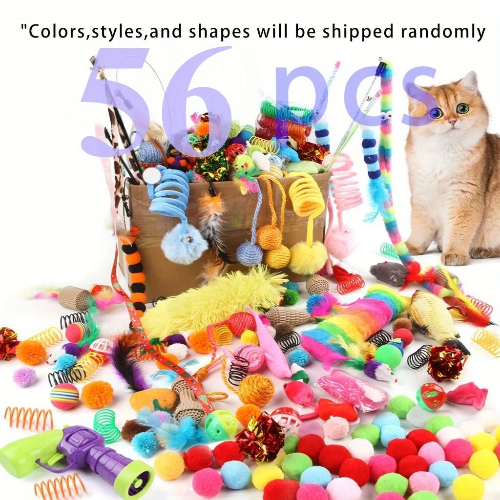 56 Stück/28 Stück/14 Stück Katzenspielzeug, gemischte Packung. Eine Kombination aus verschiedenen Plastikspielzeugen und Plüschtieren, die für mehrere Katzen zum Spielen geeignet sind