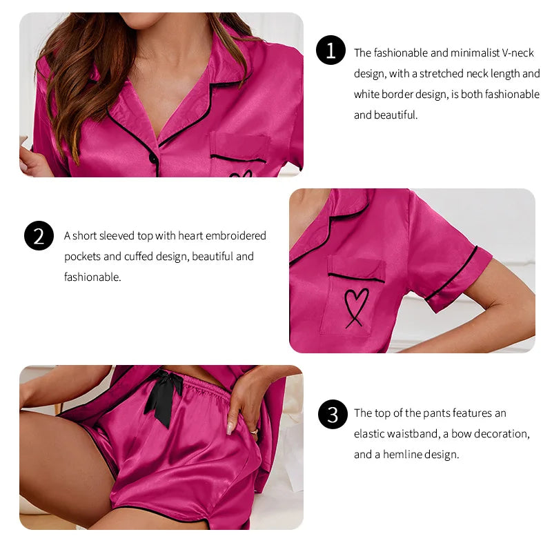 Damen-Nachtwäsche, Umlegekragen, Knopfleiste, Oberteil und Shorts, Pyjama-Set, bequemer Satin, einfarbig, Pyjama, Loungewear, Lounge-Set