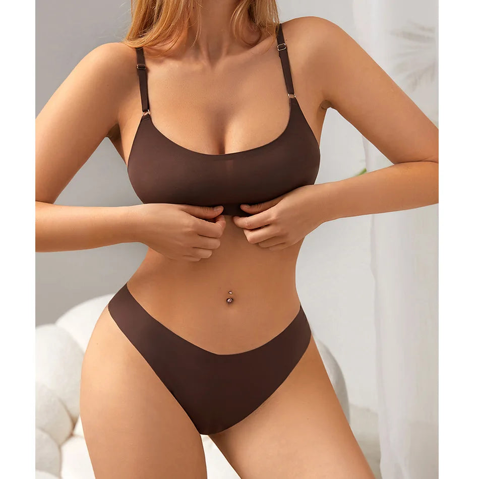 YMQJ Heißer Verkauf Hohe Qualität Neue Design Uns Größe Stilvolle Feste Eis Seide Nahtlose Drahtlose Bhs Und Frauen Unterwäsche Set