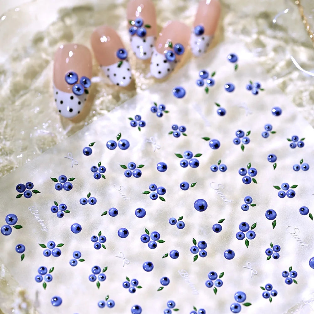 1 Stück Niedliche Blaubeer-Muster Nagelaufkleber Süße Blaue Früchte & Weiße Schleife Selbstklebende Nagelsticker Sommer DIY Maniküre Zubehör