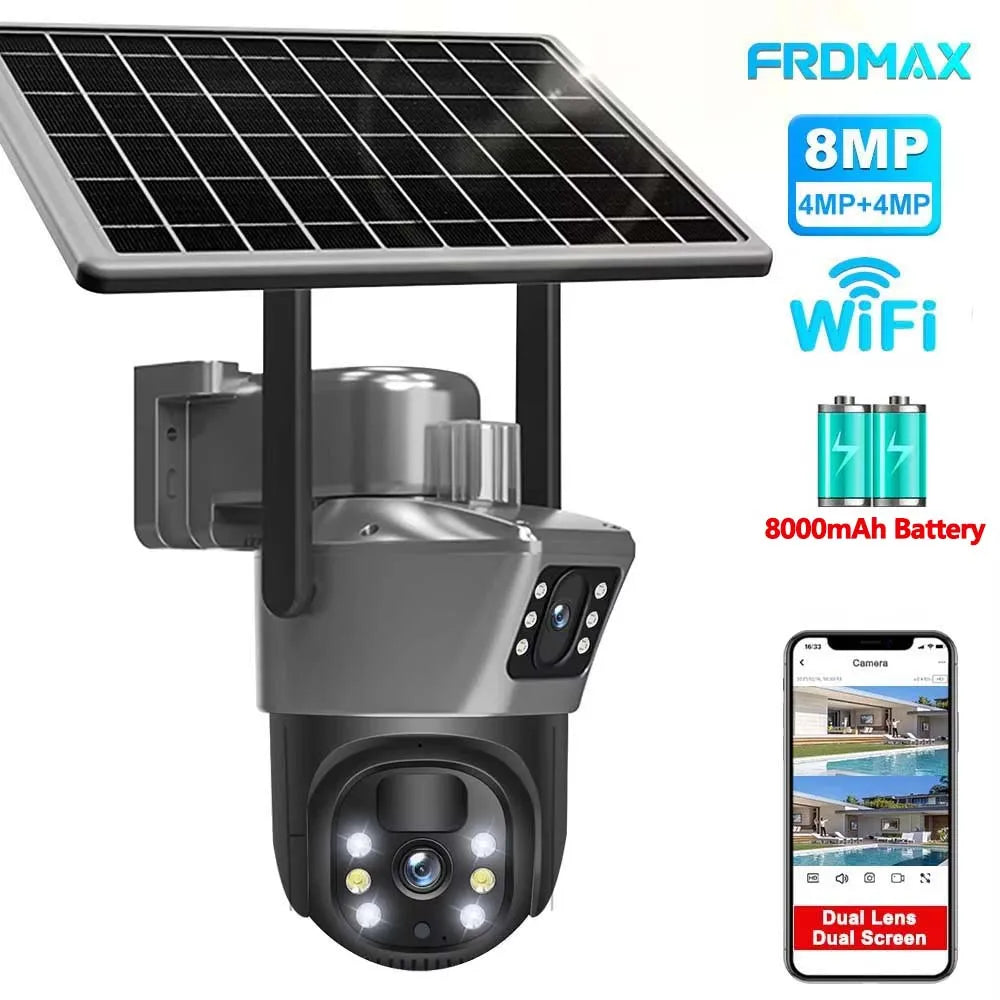 8MP 4K WiFi-Solarkamera, drahtlose Überwachungskamera für den Außenbereich, PIR-Personenerkennung, CCTV-Überwachungskameras, mit Solarpanel, PTZ-IP-Kamera mit zwei Objektiven, Sicherheitsschutz