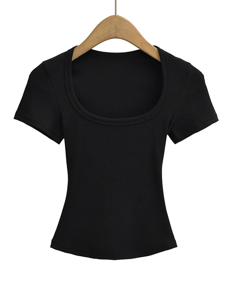 Damen Square Collar Slim Fit Crop Top High Stretch Kurzarm Pullover Sexy Sommerbluse T-Shirt Bottoming