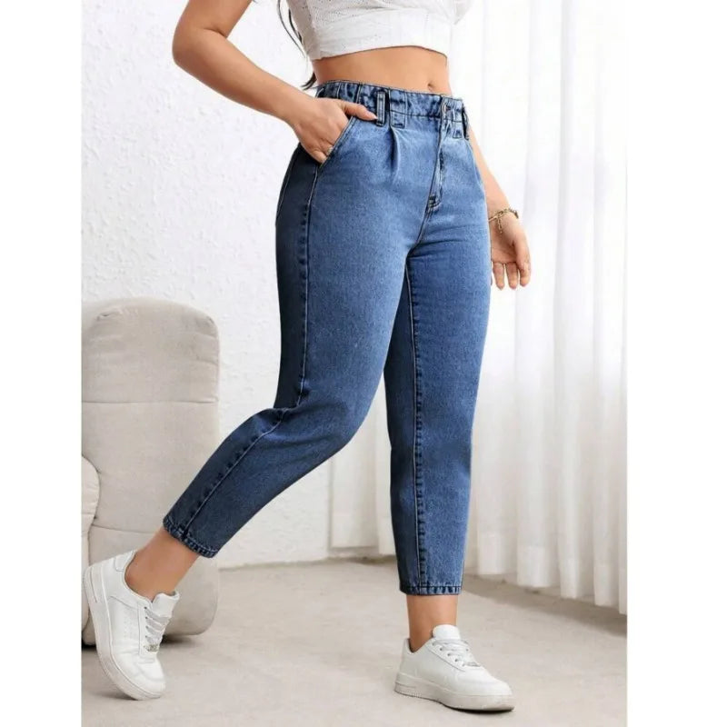Damen Plus Size Jeans im amerikanischen Street-Style, elastische blaue Jeans, vielseitige modische Freizeithose aus Denim.