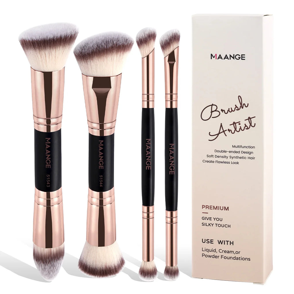 MAANGE 4-teiliges einfaches Make-up-Pinsel-Set mit zwei Enden und Foundation-Puder-Rouge-Details für Lidschattenpinsel, Reiseutensilien für Anfänger